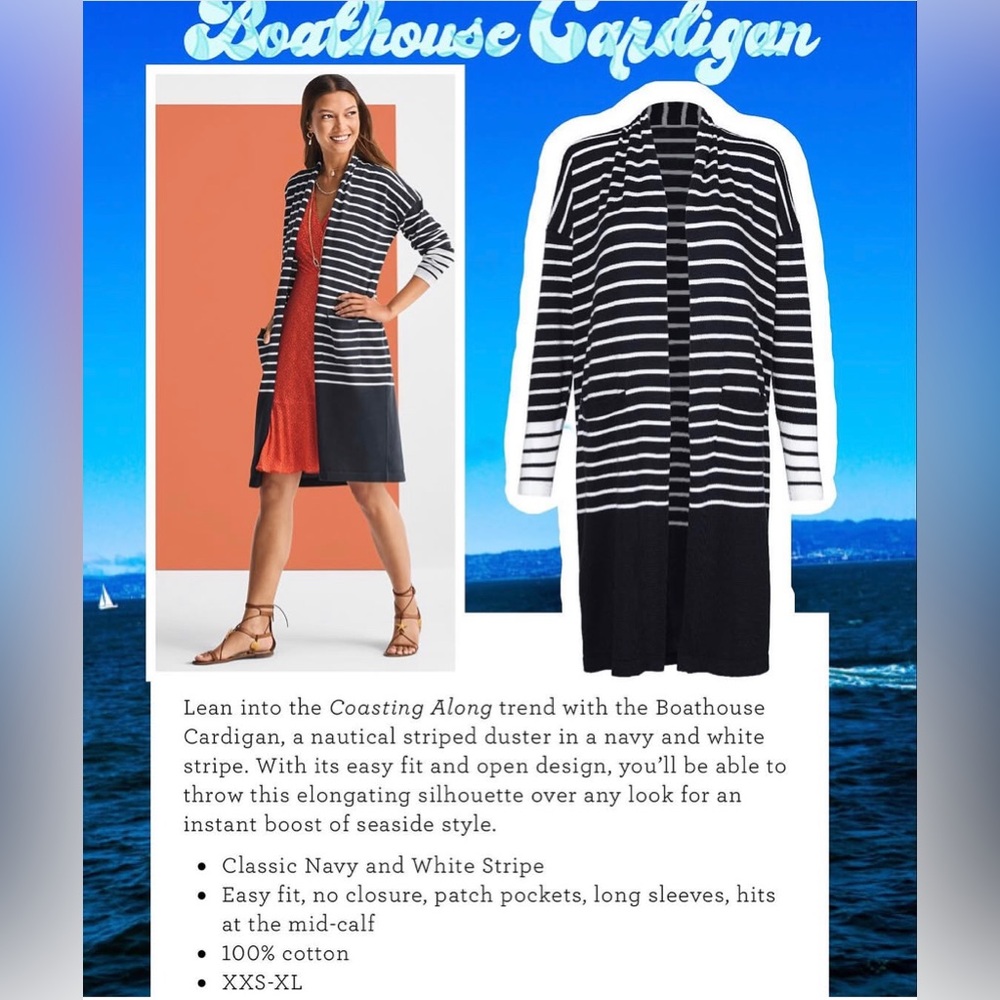 NWOT CAbi Boathouse Cardigan Striped Navy White Duster Pockets Cotton Nautical M